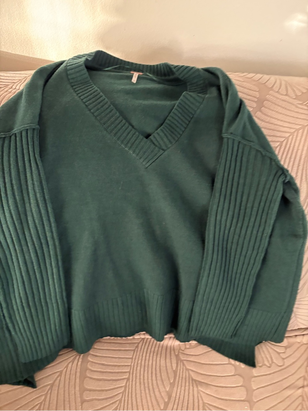 Free People Deep Green V-Neck Ribbed Sleeve Sweater